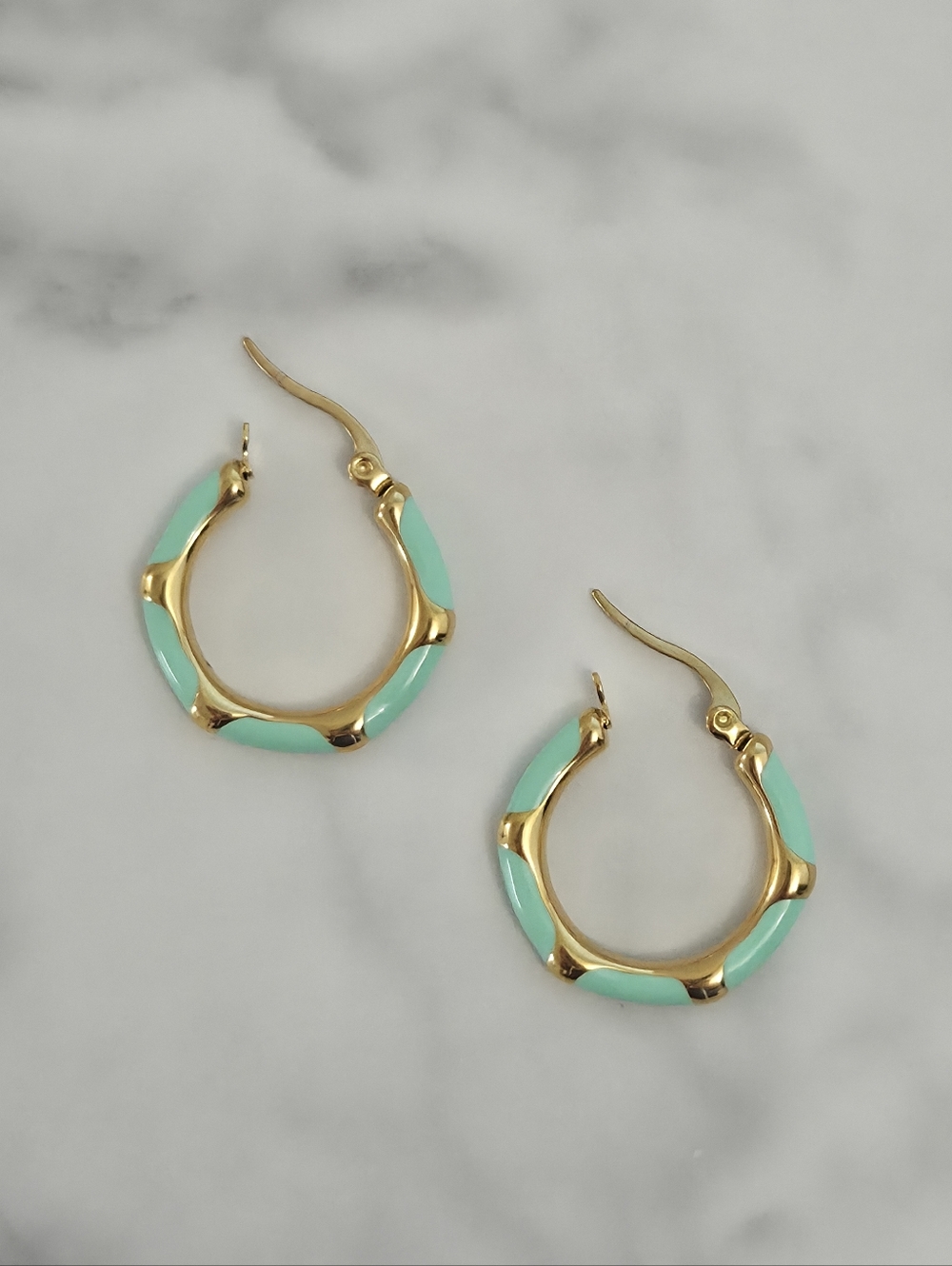 Gold & Vibrant Mint Green Enamel Bamboo Style Hoop Earrings Women Jewelry - Picture 5 of 10